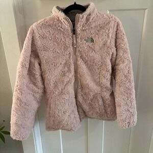 The North Face Reversible Mossbud Swirl Puffer Jacket Full Zip Gray/pinkGirls XL